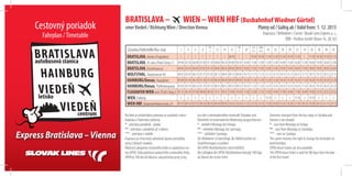 Cestovný poriadok
Fahrplan /Timetable
BRATISLAVA – WIEN –WIEN HBF (BusbahnhofWiedner Gürtel)
smerViedeň / RichtungWien / DirectionVienna	 Platný od / Gültig ab /Valid from: 1. 12. 2013
Dopravca / Beförderer / Carrier: Slovak Lines Express a. s.,
ÖBB - Postbus GmbH (Kurse 16, 28, 42)
Na linke je vnútroštátna preprava zo zastávok v rámci
Rakúska a Slovenska vylúčená.
* - premáva pondelok - piatok
** - premáva v pondelok až v sobotu
*** - premáva v nedeľu
Dopravca je zmocnený vykonávať úpravu prevádzky
počas štátnych sviatkov.
Možnosť zakúpenia cestovného lístka so spiatočnou ces-
tou OPEN. Doba platnosti spiatočného cestovného lístka
OPEN je 180 dní od dátumu uskutočnenia prvej cesty.
Aus den Linienhaltestellen innerhalb Slowakei und
Österreich ist innerstatliche eförderung ausgeschlossen.
* - verkehrt Montags bis Freitags
** - vehrkehrt Montags bis Samstags
*** - vehrkehrt Sonntags
Der Beförderer ist berechtigt, die Abfahrtszeiten an
Staatsfeiertagen zu ändern.
Die OPEN-Rückfahrkarten sind erhältlich.
Die Gültigkeit der OPEN-Rückfahrkarte beträgt 180Tage
ab Datum der ersten Fahrt.
Domestic transport from the bus stops in Slovakia and
Austria is not alowed.
* - runs from Mondays to Fridays
** - runs from Mondays to Saturdays
*** - runs on Sundays
The carrier reserves the right to change the timetable on
bank holidays.
OPEN return tickets are also available.
The OPEN return ticket is valid for180 days from the date
of the first travel.
BRATISLAVA
Zástavka/Haltestelle/Bus stop 2 4 6 8
10
*
12 14 16
18
*
20
22
**
200
***
24 26 28 30 32 34 36 38 40 42
BRATISLAVA, letisko (Flughafen) I I I I I I I 08:30 I I 10:30 10:30 11:30 12:30 13:30 14:30 15:30 I 17:30 18:30 19:30 21:35
BRATISLAVA, AS nást./Platf./Steig 12 04:40 05:30 06:00 07:00 07:30 08:00 08:30 09:00 09:30 10:00 11:00 11:00 12:00 13:00 14:00 15:00 16:00 17:00 18:00 19:00 20:00 22:00
BRATISLAVA, Einsteinova ul. 04:45 05:35 06:05 07:05 07:35 08:05 08:35 09:05 09:35 10:05 11:05 11:05 12:05 13:05 14:05 15:05 16:05 17:05 18:05 19:05 20:05 22:05
WOLFSTHAL, Hauptstrasse 40 04:55 05:45 06:15 07:15 07:45 08:15 08:45 09:15 09:45 10:15 11:15 11:15 12:15 13:15 14:15 15:15 16:15 17:15 18:15 19:15 20:15 22:15
HAINBURG/Donau, Hauptplatz 05:00 05:50 06:20 07:20 07:50 08:20 08:50 09:20 09:50 10:20 11:20 11:20 12:20 13:20 14:20 15:20 16:20 17:20 18:20 19:20 20:20 22:20
HAINBURG/Donau, Pfaffenbergweg 05:05 05:55 06:25 07:25 07:55 08:25 08:55 09:25 09:55 10:25 11:25 11:25 12:25 13:25 14:25 15:25 16:25 17:25 18:25 19:25 20:25 22:25
FLUGHAFENWIEN nást./Platf./Steig 5 05:35 06:30 07:00 08:00 08:30 8:55 09:25 10:00 10:30 11:00 12:00 11:55 13:00 14:00 15:00 16:00 17:00 18:00 19:00 19:55 20:55 22:55
WIEN, Erdberg < < < < < < < < < < < < 13:10 < < < 17:10 < 19:10 < < <
WIEN HBF,(BusbahnhofWiednerGürtel),A1 05:55 06:55 07:25 08:25 08:55 09:20 09:50 10:25 10:55 11:25 12:25 12:15 13:30 14:20 15:25 16:20 17:30 18:25 19:30 20:15 21:15 23:15
VIEDEŇ
HAINBURG
VIEDEŇ
autobusová stanica
letisko
centrum
 