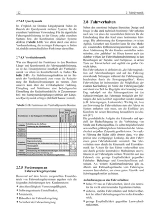 122 2 Fahrdynamik 
2.7.4.2 Querdynamik 
Im Vergleich zur Domäne Längsdynamik finden im 
Bereich der Querdynamik mehrere Systeme für die 
einzelnen Funktionen Verwendung. Für die eigentliche 
Fahrzeugstabilisierung ist der Einsatz jedes einzelnen 
Systems bzw. der Kombination einzelner Systeme 
denkbar (Tabelle 2-18). Vor allem durch eine aktive 
Vorderradlenkung, die in einigen Fahrzeugen zu finden 
ist, sind die unterschiedlichen Funktionen darstellbar. 
2.7.4.3 Vertikaldynamik 
War ein Hauptziel der Funktionen in den Domänen 
Längs- und Querdynamik die Fahrzeugstabilisierung, 
so ist das Einsatzpotential innerhalb der Vertikaldy-namik 
vor allem im Komfortbereich zu finden (Ta-belle 
2-19). Als Stabilisierungsfunktion ist im Be-reich 
der Vertikaldynamik zum einen die Reduzie-rung 
der Radlastschwankungen zu nennen. Zum 
anderen kann über die Vertikalsysteme Federung, 
Dämpfung und Stabilisator eine bedarfsgerechte 
Einstellung der Radaufstandskräfte in Zusammenar-beit 
mit Fahrdynamikregelungssystemen der Längs-und 
Querdynamik erfolgen (Global Chassis Control). 
Tabelle 2-19: Funktionen der Vertikaldynamik-Domäne 
2.7.5 Forderungen an 
Fahrwerkregelsysteme 
Basierend auf dem bereits vorgestellten Einsatzbe-reich 
von Fahrwerkregelsystemen ergeben sich die 
folgenden Anforderungen bzw. Kundennutzen: 
™ Anschlussfähigkeit/ Vernetzungsfähigkeit, 
™ Softwaregesteuerte Einstellbarkeit, 
™ Modularität, 
™ Robustheit der Fahrwerksregelung, 
™ Sicherheit der Fahrwerksreglung. 
2.8 Fahrverhalten 
Neben den emotional belegten Bereichen Design und 
Image ist das stark technisch bestimmte Fahrverhalten 
nach wie vor eines der wesentlichen Kriterien für die 
Entscheidung über den Kauf eines bestimmten Fahr-zeugs. 
Die Abstimmung des Kompromisses zwischen 
Agilität, Sicherheit und Komfort kann für eine Marke 
ein wesentliches Differenzierungsmerkmal sein, weil 
diese Abstimmung für den Kunden unmittelbar wahr-nehmbar, 
also „erfahrbar“ ist. Hinzu kommt auch das 
sichtbar werden der Fahrverhaltensabstimmung in den 
Bewertungen der Populär- und Fachpresse, in denen 
Tests zur Fahrsicherheit und -agilität ein großes Ge-wicht 
haben. 
Das Fahrverhalten ist definiert als „die Fahrzeugreak-tion 
auf Fahrerhandlungen und auf das Fahrzeug 
einwirkende Störungen während der Fahrbewegung, 
beschrieben durch die Bewegungsgrößen“. Gutes 
Fahrverhalten ist insbesondere die Möglichkeit der 
exakten Kurshaltung im Sinne der Führungsaufgabe 
und damit ein Teil der Regelgüte des Gesamtsystems. 
Eng verknüpft mit der Fahrzeugreaktion ist das 
Schluckvermögen des Fahrzeugs bezüglich der Stö-rungen, 
die dem Komfort zugeordnet werden müssen 
(z.B. Schwingungen, Lenkunruhe). Wichtig ist, dass 
zur Bewertung des Fahrverhaltens stets der Fahrer im 
System enthalten sein muss, um die Einflüsse des 
Komforts bei seiner Bewertung herausfiltern zu kön-nen 
[47]. 
Die grundsätzliche Aufgabe des Fahrwerks und spe-ziell 
der Radaufhängung ist die Verbindung von 
Straße und Fahrzeugaufbau. Es sollte möglichst leicht 
sein und bei größtmöglichem Fahrkomfort die Fahrsi-cherheit 
zu jedem Zeitpunkt gewährleisten. Die exak-te 
Führung der Räder zählt ebenso dazu, wie eine 
präzise und leichtgängige Lenkung, die dem Fahrer 
einen guten Fahrbahnkontakt vermittelt. Das Fahr-verhalten 
muss durch die Kinematik und Elastokine-matik 
der Achsen für den Fahrer vorhersehbar sein 
und durch gezielte konstruktive Maßnahmen unters-tützend 
in der Fahraufgabe wirken. Weiterhin soll das 
Fahrwerk eine geringe Empfindlichkeit gegenüber 
Fahrbahn-, Beladungs- und Umwelteinflüssen auf-weisen. 
Als weitere Komfortanforderung gilt es, 
Abroll- und Fahrwerksgeräusche vom Fahrzeugin-nenraum 
fernzuhalten, um einen guten Akustik- und 
Schwingungskomfort zu bieten. 
Anforderungen an das Fahrverhalten: 
™ hohes Niveau an Fahrsicherheit, durch ein neutra-les 
bis leicht untersteuerndes Eigenlenkverhalten, 
™ sicheres, stabiles Fahrverhalten und Beherrschbar-keit 
bei allen Fahrbedingungen bis in den Grenzbe-reich, 
™ geringe Empfindlichkeit gegenüber Lastwechsel-reaktionen, 
 