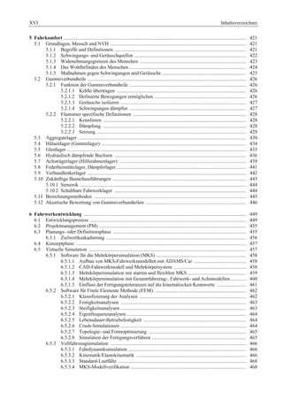 XVI Inhaltsverzeichnis 
5 Fahrkomfort ................................................................................................................................................ 421 
5.1 Grundlagen, Mensch und NVH ........................................................................................................... 421 
5.1.1 Begriffe und Definitionen ........................................................................................................ 421 
5.1.2 Schwingungs- und Geräuschquellen ........................................................................................ 422 
5.1.3 Wahrnehmungsgrenzen des Menschen .................................................................................... 423 
5.1.4 Das Wohlbefinden des Menschen ............................................................................................ 424 
5.1.5 Maßnahmen gegen Schwingungen und Geräusche .................................................................. 425 
5.2 Gummiverbundteile ............................................................................................................................. 426 
5.2.1 Funktion der Gummiverbundteile ............................................................................................ 426 
5.2.1.1 Kräfte übertragen ...................................................................................................... 426 
5.2.1.2 Definierte Bewegungen ermöglichen ........................................................................ 426 
5.2.1.3 Geräusche isolieren ................................................................................................... 427 
5.2.1.4 Schwingungen dämpfen ............................................................................................ 427 
5.2.2 Elastomer spezifische Definitionen ......................................................................................... 428 
5.2.2.1 Kennlinien ................................................................................................................. 428 
5.2.2.2 Dämpfung ................................................................................................................. 428 
5.2.2.3 Setzung ...................................................................................................................... 429 
5.3 Aggregatelager .................................................................................................................................... 430 
5.4 Hülsenlager (Gummilager) .................................................................................................................. 434 
5.5 Gleitlager ............................................................................................................................................. 435 
5.6 Hydraulisch dämpfende Buchsen ........................................................................................................ 436 
5.7 Achsträgerlager (Hilfsrahmenlager) .................................................................................................... 439 
5.8 Federbeinstützlager, Dämpferlager ...................................................................................................... 441 
5.9 Verbundlenkerlager ............................................................................................................................. 442 
5.10 Zukünftige Bauteilausführungen ......................................................................................................... 443 
5.10.1 Sensorik ................................................................................................................................... 444 
5.10.2 Schaltbare Fahrwerklager ........................................................................................................ 444 
5.11 Berechnungsmethoden ........................................................................................................................ 445 
5.12 Akustische Bewertung von Gummiverbundteilen ............................................................................... 446 
6 Fahrwerkentwicklung ................................................................................................................................ 449 
6.1 Entwicklungsprozess ........................................................................................................................... 449 
6.2 Projektmanagement (PM) .................................................................................................................... 455 
6.3 Planungs- oder Definitionsphase ......................................................................................................... 455 
6.3.1 Zielwertkaskadierung .............................................................................................................. 456 
6.4 Konzeptphase ...................................................................................................................................... 457 
6.5 Virtuelle Simulation ............................................................................................................................ 457 
6.5.1 Software für die Mehrkörpersimulation (MKS) ....................................................................... 458 
6.5.1.1 Aufbau von MKS-Fahrwerksmodellen mit ADAMS/Car ......................................... 458 
6.5.1.2 CAD-Fahrwerkmodell und Mehrkörpersystem ......................................................... 458 
6.5.1.3 Mehrkörpersimulation mit starren und flexiblen MKS .............................................. 459 
6.5.1.4 Mehrkörpersimulation mit Gesamtfahrzeug-, Fahrwerk- und Achsmodellen ............ 460 
6.5.1.5 Einfluss der Fertigungstoleranzen auf die kinematischen Kennwerte ....................... 461 
6.5.2 Software für Finite Elemente Methode (FEM) ........................................................................ 462 
6.5.2.1 Klassifizierung der Analysen .................................................................................... 462 
6.5.2.2 Festigkeitsanalysen ................................................................................................... 463 
6.5.2.3 Steifigkeitsanalysen ................................................................................................... 463 
6.5.2.4 Eigenfrequenzanalysen .............................................................................................. 464 
6.5.2.5 Lebensdauer-Betriebsfestigkeit ................................................................................. 464 
6.5.2.6 Crash-Simulationen ................................................................................................... 464 
6.5.2.7 Topologie- und Formoptimierung ............................................................................. 465 
6.5.2.8 Simulation der Fertigungsverfahren .......................................................................... 465 
6.5.3 Vollfahrzeugsimulation ........................................................................................................... 466 
6.5.3.1 Fahrdynamiksimulation ............................................................................................. 466 
6.5.3.2 Kinematik/Elastokinematik ....................................................................................... 466 
6.5.3.3 Standard-Lastfälle ..................................................................................................... 468 
6.5.3.4 MKS-Modellverifikation ........................................................................................... 468 
 