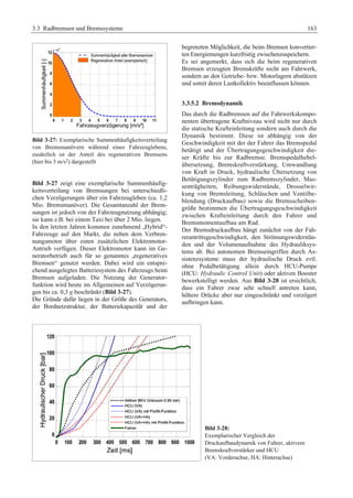 3.3 Radbremsen und Bremssysteme 163 
Bild 3-27: Exemplarische Summenhäufigkeitsverteilung 
von Bremsmanövern während eines Fahrzeuglebens, 
zusätzlich ist der Anteil des regenerativen Bremsens 
(hier bis 3 m/s2) dargestellt 
Bild 3-27 zeigt eine exemplarische Summenhäufig-keitsverteilung 
von Bremsungen bei unterschiedli-chen 
Verzögerungen über ein Fahrzeugleben (ca. 1,2 
Mio. Bremsmanöver). Die Gesamtanzahl der Brem-sungen 
ist jedoch von der Fahrzeugnutzung abhängig; 
sie kann z.B. bei einem Taxi bei über 2 Mio. liegen. 
In den letzten Jahren kommen zunehmend „Hybrid“- 
Fahrzeuge auf den Markt, die neben dem Verbren-nungsmotor 
über einen zusätzlichen Elektromotor- 
Antrieb verfügen. Dieser Elektromotor kann im Ge-neratorbetrieb 
auch für so genanntes „regeneratives 
Bremsen“ genutzt werden. Dabei wird ein entspre-chend 
ausgelegtes Batteriesystem des Fahrzeugs beim 
Bremsen aufgeladen. Die Nutzung der Generator-funktion 
wird heute im Allgemeinen auf Verzögerun-gen 
bis ca. 0,3 g beschränkt (Bild 3-27). 
Die Gründe dafür liegen in der Größe des Generators, 
der Bordnetzstruktur, der Batteriekapazität und der 
begrenzten Möglichkeit, die beim Bremsen konvertier-ten 
Energiemengen kurzfristig zwischenzuspeichern. 
Es sei angemerkt, dass sich die beim regenerativen 
Bremsen erzeugten Bremskräfte nicht am Fahrwerk, 
sondern an den Getriebe- bzw. Motorlagern abstützen 
und somit deren Lastkollektiv beeinflussen können. 
3.3.5.2 Bremsdynamik 
Das durch die Radbremsen auf die Fahrwerkskompo-nenten 
übertragene Kraftniveau wird nicht nur durch 
die statische Krafteinleitung sondern auch durch die 
Dynamik bestimmt. Diese ist abhängig von der 
Geschwindigkeit mit der der Fahrer das Bremspedal 
betätigt und der Übertragungsgeschwindigkeit die-ser 
Kräfte bis zur Radbremse. Bremspedalhebel-übersetzung, 
Bremskraftverstärkung, Umwandlung 
von Kraft in Druck, hydraulische Übersetzung von 
Betätigungszylinder zum Radbremszylinder, Mas-senträgheiten, 
Reibungswiderstände, Drosselwir-kung 
von Bremsleitung, Schläuchen und Ventilbe-blendung 
(Druckaufbau) sowie die Bremsscheiben-größe 
bestimmen die Übertragungsgeschwindigkeit 
zwischen Krafteinleitung durch den Fahrer und 
Bremsmomentaufbau am Rad. 
Der Bremsdruckaufbau hängt zunächst von der Fah-rerantrittsgeschwindigkeit, 
den Strömungswiderstän-den 
und der Volumenaufnahme des Hydrauliksys-tems 
ab. Bei autonomen Bremseingriffen durch As-sistenzsysteme 
muss der hydraulische Druck evtl. 
ohne Pedalbetätigung allein durch HCU-Pumpe 
(HCU: Hydraulic Control Unit) oder aktiven Booster 
bewerkstelligt werden. Aus Bild 3-28 ist ersichtlich, 
dass ein Fahrer zwar sehr schnell antreten kann, 
höhere Drücke aber nur eingeschränkt und verzögert 
aufbringen kann. 
Bild 3-28: 
Exemplarischer Vergleich der 
Druckaufbaudynamik von Fahrer, aktivem 
Bremskraftverstärker und HCU 
(VA: Vorderachse, HA: Hinterachse) 
 