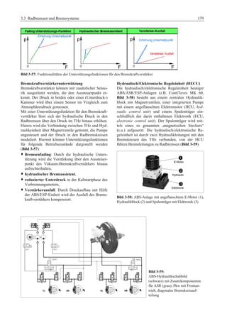 3.3 Radbremsen und Bremssysteme 179 
Bild 3-57: Funktionalitäten der Unterstützungsfunktionen für den Bremskraftverstärker 
Bremskraftverstärkerunterstützung 
Bremskraftverstärker können mit zusätzlicher Senso-rik 
ausgerüstet werden, die den Aussteuerpunkt er-kennt. 
Der Druck in beiden oder einer (Unterdruck-) 
Kammer wird über einem Sensor im Vergleich zum 
Atmosphärendruck gemessen. 
Mit einer Unterstützungsfunktion für den Bremskraft-verstärker 
lässt sich der hydraulische Druck in den 
Radbremsen über den Druck im THz hinaus erhöhen. 
Hierzu wird die Verbindung zwischen THz und Hyd-raulikeinheit 
über Magnetventile getrennt, die Pumpe 
angesteuert und der Druck in den Radbremskreisen 
moduliert. Hiermit können Unterstützungsfunktionen 
für folgende Betriebszustände dargestellt werden 
(Bild 3-57): 
™ Bremsenfading: Durch die hydraulische Unters-tützung 
wird die Verstärkung über den Aussteuer-punkt 
des Vakuum-Bremskraftverstärkers hinaus 
aufrechterhalten, 
™ hydraulischer Bremsassistent, 
™ reduzierter Unterdruck in der Kaltstartphase des 
Verbrennungsmotors, 
™ Verstärkerausfall: Durch Druckaufbau mit Hilfe 
der ABS/ESP-Einheit wird der Ausfall des Brems-kraftverstärkers 
kompensiert. 
Hydraulisch/Elektronische Regeleinheit (HECU) 
Die hydraulisch/elektronische Regeleinheit heutiger 
ABS/ASR/ESP-Anlagen (z.B. ContiTeves MK 60, 
Bild 3-58) besteht aus einem zentralen Hydraulik-block 
mit Magnetventilen, einer integrierten Pumpe 
mit einem angeflanschten Elektromotor (HCU, hyd-raulic 
control unit) und einem Spulenträger ein-schließlich 
der darin enthaltenen Elektronik (ECU, 
electronic control unit). Der Spulenträger wird mit-tels 
eines so genannten „magnetischen Steckers“ 
(s.u.) aufgesetzt. Die hydraulisch/elektronische Re-geleinheit 
ist durch zwei Hydraulikleitungen mit den 
Bremskreisen des THz verbunden, von der HCU 
führen Bremsleitungen zu Radbremsen (Bild 3-59). 
Bild 3-58: ABS-Anlage mit angeflanschtem E-Motor (1), 
Hydraulikblock (2) und Spulenträger mit Elektronik (3) 
Bild 3-59: 
ABS-Hydraulikschaltbild 
(schwarz) mit Zusatzkomponenten 
für ASR (grau); Pkw mit Frontan-trieb, 
diagonaler Bremskreisauf-teilung 
 