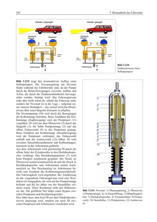262 3 Bestandteile des Fahrwerks 
Bild 3-218: 
Funktionsweise eines 
Selbstpumpers 
Bild 3-219 zeigt den konstruktiven Aufbau eines 
Selbstpumpers. Die Niveauregelung mit Nivomat 
findet während des Fahrbetriebs statt, da die Pumpe 
durch die Relativbewegungen zwischen Aufbau und 
Achse, die durch die Straßenunebenheiten hervorge-rufen 
werden, betätigt wird. Das Fahrzeugniveau 
sinkt aber nicht sofort ab, sobald das Fahrzeug steht, 
sondern der Nivomat ist in der Lage – aufgrund sei-ner 
inneren Dichtigkeit – das einmal erreichte Druck-niveau 
über einen längeren Zeitraum zu erhalten. 
Die Nivomatpumpe (10) wird durch die Bewegungen 
der Kolbenstange betrieben. Beim Ausfahren der Kol-benstange 
(Zugbewegung) wird der Pumpraum (11) 
vergrößert. Öl wird aus dem Ölreservoir (2) durch das 
Saugrohr (1), die hohle Pumpenstange (3) und das 
offene Einlassventil (9) in den Pumpraum gesaugt. 
Beim Einfahren der Kolbenstange (Druckbewegung) 
wird der Pumpraum verkleinert, das Einlassventil 
schließt und das Auslassventil (12) öffnet. Öl wird 
zwischen Steuerhülsenaußenseite und Kolbenstangen-innenseite 
in den Arbeitsraum gedrückt. 
Aus dem Arbeitsraum wird gleichzeitig Öl durch die 
offene Seite des Zylinderrohrs in den Hochdruckspei-cher 
verdrängt. Das Hochdruckgaspolster (7) wird 
beim Pumpen zunehmend gespannt. Der Druck im 
Ölreservoir nimmt kontinuierlich ab und der Druck in 
Hochdruckspeicher und Arbeitsraum nimmt konti-nuierlich 
zu. Der Druckanstieg im Arbeitsraum be-wirkt 
eine Zunahme der Kolbenstangenausfahrkraft. 
Das Fahrzeugheck wird angehoben. Bei Annäherung 
an das vorgesehene Fahrzeugniveau wird eine Wen-delnut 
(4) freigegeben, die sich auf der Pumpenstange 
befindet und die bis dahin von der Steuerhülse ver-deckt 
wurde. Diese Wendelnut stellt den Höhensen-sor 
dar. Die geöffnete Nut bildet einen Bypass zwi-schen 
Pumpraum und Hochdruckspeicher. 
Dies führt dazu, dass kein Öl aus dem Niederdruckre-servoir 
angesaugt wird, sondern nur noch Öl zwi-schen 
Pumpraum und Arbeitsraum verschoben wird. 
Bild 3-219: Nivomat: 1) Ölansaugleitung, 2) Ölreservoir, 
3) Pumpenstange, 4), 6) Steueröffnung, 5) Dämpfungskol-ben, 
7) Hochdruckspeicher, 8) Trennmembran, 9) Einlass-ventil, 
10) Steuerhülse, 11) Pumpenraum, 12) Auslassven-til 
 