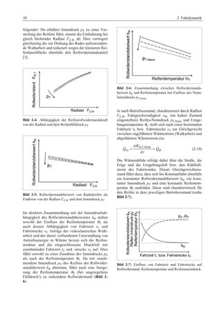 38 2 Fahrdynamik 
folgender: Da erhöhter Innendruck pT zu einer Ver-steifung 
des Reifens führt, nimmt die Einfederung bei 
gleich bleibender Radlast FZ,W ab. Dies verringert 
gleichzeitig die zur Drehung des Rades aufzuwenden-de 
Walkarbeit und reduziert wegen der kleineren Rei-fenlatschfläche 
ebenfalls den Reibwiderstandsanteil 
[1]. 
Bild 2-4: Abhängigkeit der Reifenrollwiderstandskraft 
von der Radlast und dem Reifenfülldruck pT 
Bild 2-5: Rollwiderstandsbeiwert von Radialreifen als 
Funktion von der Radlast FZ,W und dem Innendruck pT 
Im direkten Zusammenhang mit der Innendruckab-hängigkeit 
des Rollwiderstandsbeiwertes kR stehen 
sowohl der Einfluss der Reifentemperatur θT als 
auch dessen Abhängigkeit von Fahrtzeit tT und 
Fahrtstrecke sT. Infolge der viskoelastischen Walk-arbeit 
und der damit verbundenen Umwandlung von 
Antriebsenergie in Wärme heizen sich die Reifen-struktur 
und die eingeschlossene Druckluft mit 
zunehmender Fahrtzeit tT und -strecke sT auf. Dies 
führt sowohl zu einer Zunahme des Innendrucks pT 
als auch der Reifentemperatur θT. Da mit zuneh-mendem 
Innendruck pT des Reifens der Rollwider-standsbeiwert 
kR abnimmt, führt auch eine Steige-rung 
der Reifentemperatur θT (bei ungeregeltem 
Fülldruck!) zu sinkendem Rollwiderstand (Bild 2- 
6). 
Bild 2-6: Zusammenhang zwischen Rollwiderstands-beiwert 
kR und Reifentemperatur mit Einfluss des Nenn- 
Innendrucks pT,Nenn 
Je nach Betriebszustand, charakterisiert durch Radlast 
FZ,W, Fahrgeschwindigkeit vW, (im kalten Zustand 
eingestellten) Reifen-Nenndruck pT,Nenn und Umge-bungstemperatur 
θU stellt sich nach einer bestimmten 
Fahrtzeit tT bzw. Fahrtstrecke sT ein Gleichgewicht 
zwischen zugeführtem Wärmestrom (Walkarbeit) und 
abgeführtem Wärmestrom ein: 
 = D,T,Walk 
=  (2.10) 
d 
zu ab 
d 
W 
Q Q 
t 
Die Wärmeabfuhr erfolgt dabei über die Straße, die 
Felge und die Umgebungsluft bzw. den Kühlluft-strom 
des Fahrtwindes. Dieser Gleichgewichtszu-stand 
führt dazu, dass sich bei Konstantfahrt ebenfalls 
ein konstanter Rollwiderstandsbeiwert kR, ein kons-tanter 
Innendruck pT und eine konstante Reifentem-peratur 
θT ausbilden. Diese sind charakteristisch für 
den Reifen in dem jeweiligen Betriebszustand (siehe 
Bild 2-7). 
Bild 2-7: Einfluss von Fahrtzeit und Fahrstrecke auf 
Rollwiderstand, Reifentemperatur und Reifeninnendruck 
 