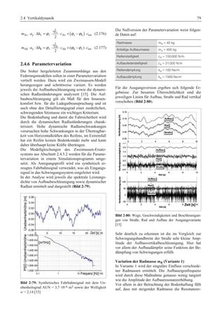 2.4 Vertikaldynamik 79 
( ) 2 
s 
Fv 
m ⋅ a ⋅Δh =ϕ ⋅ ⋅ c + ϕ −ϕ ⋅ c (2.176) 
Av y v v Av v h tor 2 
2 
Fh 
Ah y h v Ah ( h v ) tor 
2 
s 
m ⋅ a ⋅Δh =ϕ ⋅ ⋅ c + ϕ −ϕ ⋅ c (2.177) 
2.4.6 Parametervariation 
Die bisher hergeleiteten Zusammenhänge aus den 
Federungsmodellen sollen in einer Parametervariation 
vertieft werden. Dazu wird ein Zweimassen-Modell 
herangezogen und schrittweise variiert. Es werden 
jeweils die Aufbaubeschleunigung sowie die dynami-schen 
Radlaständerungen analysiert [15]. Die Auf-baubeschleunigung 
gilt als Maß für den Insassen-komfort 
bzw. für die Ladegutbeanspruchung und ist 
auch ohne den Detaillierungsgrad einer zusätzlichen, 
schwingenden Sitzmasse ein wichtiges Kriterium. 
Die Bodenhaftung und damit die Fahrsicherheit wird 
durch die dynamischen Radlaständerungen charak-terisiert. 
Hohe dynamische Radlastschwankungen 
verursachen hohe Schwankungen in der Übertragbar-keit 
von Horizontalkräften des Reifens, im Extremfall 
hat ein Reifen keinen Bodenkontakt mehr und kann 
daher überhaupt keine Kräfte übertragen. 
Die Modellgleichungen des Zweimassen-Ersatz-systems 
aus Abschnitt 2.4.5.2 werden für die Parame-tervariation 
in einem Simulationsprogramm umge-setzt. 
Als Anregungsprofil wird ein synthetisch er-zeugtes 
Fahrbahnsignal verwendet, was als Eingangs-signal 
in das Schwingungssystem eingeleitet wird. 
In der Analyse wird jeweils die spektrale Leistungs-dichte 
von Aufbaubeschleunigung sowie dynamischer 
Radlast ermittelt und dargestellt (Bild 2-79). 
Bild 2-79: Synthetisches Fahrbahnsignal mit dem Un-ebenheitsgrad 
AUN = 3,7·10–6 m3 sowie der Welligkeit 
w = 2,14 [15] 
Die Nullversion der Parametervariation weist folgen-de 
Daten auf: 
Radmasse mR = 40 kg 
Anteilige Aufbaumasse mA = 400 kg 
Reifensteifigkeit cR = 150.000 N/m 
Aufbaufedersteifigkeit cA = 21.000 N/m 
Reifendämpfung kR = 100 Ns/m 
Aufbaudämpfung kA = 1500 Ns/m 
Für die Ausgangsversion ergeben sich folgende Er-gebnisse. 
Zur besseren Übersichtlichkeit sind die 
jeweiligen Linien für Aufbau, Straße und Rad vertikal 
verschoben (Bild 2-80). 
Bild 2-80: Wege, Geschwindigkeiten und Beschleunigun-gen 
von Straße, Rad und Aufbau der Ausgangsvariante 
[15] 
Sehr deutlich zu erkennen ist die im Vergleich zur 
Schwingungsbandbreite der Straße sehr kleine Amp-litude 
der Aufbauvertikalbeschleunigung. Hier hat 
vor allem der Aufbaudämpfer seine Funktion der Be-dämpfung 
von Schwingungen erfüllt. 
Variation der Radmasse mR (Variante 1) 
In Variante 1 wird der singuläre Einfluss verschiede-ner 
Radmassen ermittelt. Die Aufbaueigenfrequenz 
wird durch diese Maßnahme genauso wenig tangiert 
wie die Amplitude der Aufbauresonanzerhöhung. 
Vor allem in der Betrachtung der Bodenhaftung fällt 
auf, dass mit steigender Radmasse die Resonanzer- 
 