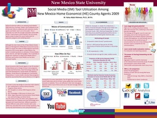 New Mexico State University
                                                              Social Media (SM) Tool Utilization Among
                                                         New Mexico Home Economist (HE) County Agents 2009
                                                                                                    M. Fahzy Abdul-Rahman, Ph.D., M.P.H.

                     INTRODUCTION                                                         RESULTS                                                           VS. US COMPARISON                             DISCUSSION AND IMPLICATIONS

National extension efforts are adopting Social Media                                                                                 O'Neill, B., Zumwalt, A., Gutter, M., & Bechman, J.       • Low usage but great potential
(SM) tools (e.g. YouTube, Twitter, and Facebook) as one                                                                              (2011). Financial education through social media: Can     - High use of e-mailing and phone texting
of the main tools to collaborate with extension county                                                                               you evaluate its impact?, Forum for Family and            - With 140-character limit, twittering is very much
agents and better reach out to the public. This is                                                                                   Consumer Issues, 16(1). Retrieved September 19, 2011        like text messaging.
especially true with the younger population where 96%                                                                                from http://ncsu.edu/ffci/publications/2011/v16-n1-       - The findings on HE agents’ use of e-mail, text
of Gen Y have joined a social network. But are county                                                                                2011-spring/oneil-zumwalt-gutter-bechman.php                messaging, and on-line training tools point
agents ready to adopt this social media tools for                                                                                                                                                towards great Social Media adoption potentials.
extension programs and marketing tools?                                                                                                                 Methodology & Sample                   - E-mails and telephone, on-site training, and on-
                                                                                                                                                                                                 line training were the preferred way of
                        PURPOSE                                                                                                      • 14-question Instant Survey® questionnaire                 communication but not on-line chatting, which
                                                                                                                                                                                                 has been used in companies for live
Although the main intent of the of New Mexico Family                                                                                 • Sent to ≈ 350 Financial Security for All (FSA)
                                                                                                                                                                                                 communications.
Resource Management (FRM) Need Assessment Survey                                                                                       Community of Practice (CoP) members in December
2009 is to assess the needs of FRM programs and home                                                                                   2010
                                                                                                                                                                                               • Learn social media evaluation metrics
economics (HE) county agents in New Mexico, the                                                                                                                                                - For evaluation and reporting purposes
                                                                                                                                     • N =45 respondents (≈ 13%).
author included questions on utilization of Social Media
tools, internet, and high-tech gadgets. This is partially to                                                                         • Primarily female and age 50, older, middle income       • The power of sharing/retweeting via SM
gauge their readiness to adopt Social Media tools in
extension work where Social Media use has been
                                                                                                                                                                                                 networks
                                                                                                                                           Frequency of SM Use by Extension Family             - Work smarter
increased rapidly.
                                                                                                                                                 Economics Educators (N =45)                   - Aggregate impacts could be impressive
                                                                                                                                      SM Site        Daily Frequently Sometimes Rarely Never   - In the national Home Economists study, 45 people
                      PARTICIPANTS                                                                                                                                                               had potential to reach almost 6,000
                                                                                                                                      Facebook        42%       20%       22%     9% 7%
                                                                                                                                                                                               - Those 6,000 could potentially reach many more
Home Economics (HE) County Agents in the 33 counties                                                                                  Twitter          7%       14%        2%    39% 39%
in New Mexico are in charge of seven main programs,                                                                                   YouTube          5%       25%       48%    16% 7%        • NM vs. US comparison
namely Food & Nutrition, Food Technology, Family Life                                                                                 Blog             5%        5%       35%     7% 49%       - Similar HE demographics
and Child Development, Family Health and Wellness,
                                                                                                                                                                                               - Evidence of lower SM use among NM Home
Diabetes, Family Resource Management, and Disaster
                                                                                                                                                                                                 Economists
Preparedness. In some smaller counties these programs                                                                                   Methods Used by Extension Family Economics
                                                                                                                                                                                                    - Different timings: May 2009 vs. December
would be assumed by their county director or 4-H agent.                                                                                 Educators to Access Social Media Sites (N =45)
                                                                                                                                                                                                       2010
                                                               Among the 16 survey respondents, five HE agents do not have a          SM Site    Computer Smart Phone Other N/A                     - Possibly due to clients’ tendencies
                      INSTRUMENTS                              social media tools and six of them rarely update their social media    Facebook        91%          36%      4%     7%
                                                               accounts or websites. This is not reflected in their text messaging    Twitter         56%          13%      4% 40%
A 22-item survey was design to cover four main aspects:        behavior where most of them (nine out of 16) text message often or     YouTube         91%          18%      6%     9%
1. HEs’ involvement in various Home Economic                   all the time.
                                                                                                                                      Blog (any)      50%           0%      2% 50%
    Programs (three items),
2. HEs’ thoughts on various FRM Programs (three                                                                                                                 53% had
    items),                                                                                                                                                     content
                                                                                                                                                                about
3. HEs’ knowledge in FRM areas (13 items), and
4. Other: Agent-Specialist Communication; Social Media                                                                                                          both
                                                                                                                                                Professional
    use; and technology use (three items).                                                                                                                         Personal
For this online survey, the seven main programs were
collapsed into five. Diabetes and Food Technology were
grouped with Food & Nutrition. Different questions
utilized different scales which included Likert-scale,                                                                                       47% focused on one
select-any, and select-the-correct-answer questions. The                                                                                     or the other

survey was administered on-line using Zoomerang®.
 