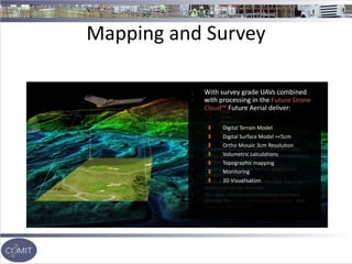 Mapping and Survey
World leaders in UAV aerial mapping and survey
Worked across the global on large scale projects
India
Congo
Ghana
Sierra Leone
Brazil
Jamaica
Europe
US
Pioneered the use of UAVs in African mines
Delivered the first electricity network feasibility
survey in North Africa
Supplying data for the world’s largest Golf
Simulator company
UAVs dramatically reduces the time taken for
traditional survey methods
Our data collation and delivery streamlined
through the Drone Operations Network™ and
Future Drone Cloud™
With survey grade UAVs combined
with processing in the Future Drone
Cloud™ Future Aerial deliver:
Digital Terrain Model
Digital Surface Model =<5cm
Ortho Mosaic 3cm Resolution
Volumetric calculations
Topographic mapping
Monitoring
3D Visualisation
