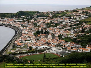 A acolhedora Cidade da Horta é como a sala de visitas desta encantadora ilha, onde tudo nos parece, simultaneamente, pequeno e belo. De grande riqueza monumental, a Horta sede do único concelho da ilha do Faial, é sem dúvida a mais alegre e vistosa cidade dos Açores.