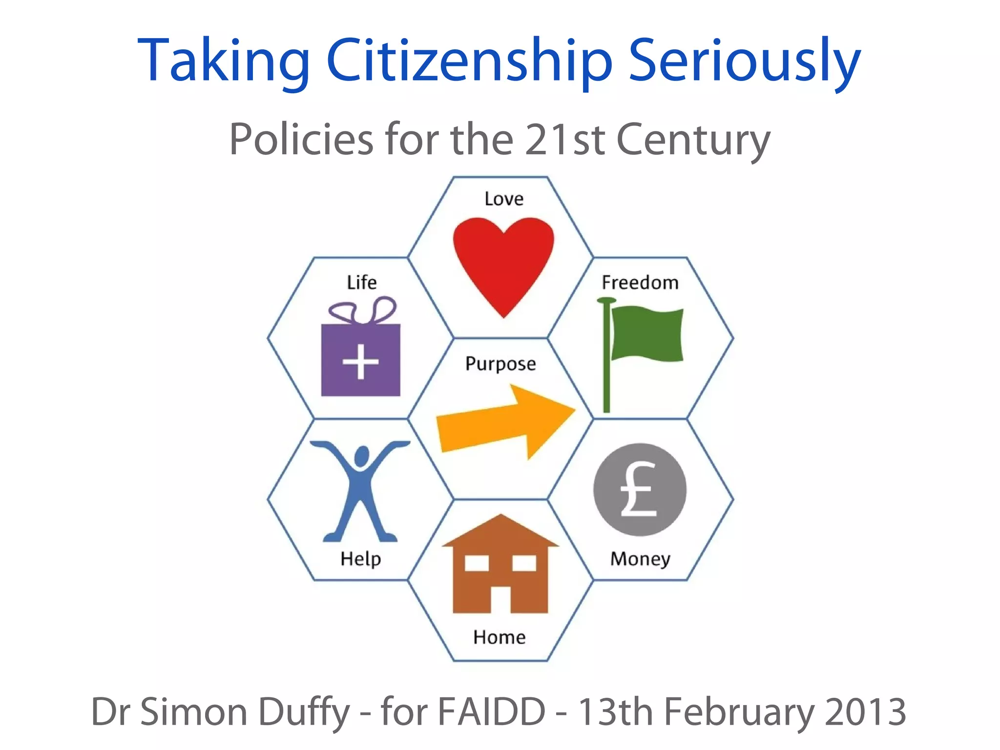 Taking Citizenship Seriously
Policies for the 21st Century
Dr Simon Duffy - Finland - 14th February 2013
