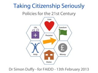 Taking Citizenship Seriously
      Policies for the 21st Century




Dr Simon Duffy - Finland - 14th February 2013
 