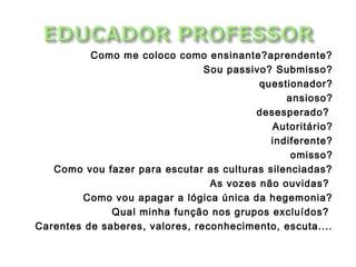 Como me coloco como ensinante?aprendente?
Sou passivo? Submisso?
questionador?
ansioso?
desesperado?
Autoritário?
indiferente?
omisso?
Como vou fazer para escutar as culturas silenciadas?
As vozes não ouvidas?
Como vou apagar a lógica única da hegemonia?
Qual minha função nos grupos excluídos?
Carentes de saberes, valores, reconhecimento, escuta....
 