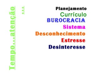 Tempo...atenção
... Burocracia
Sistema
Desconhecimento
Estresse
Desinteresse
Planejamento
Currículo
 