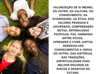 VALORIZAÇÃO DE SI MESMO,VALORIZAÇÃO DE SI MESMO,
DO OUTRO, DA CULTURA, DODO OUTRO, DA CULTURA, DO
CONHECIMENTO, DACONHECIMENTO, DA
DIVERSIDADE, DA ÉTICA, DOSDIVERSIDADE, DA ÉTICA, DOS
VALORES PESSOAIS EVALORES PESSOAIS E
UNIVERSAIS, COMPREENSÃOUNIVERSAIS, COMPREENSÃO
MÚTUA, ENTREAJUDASMÚTUA, ENTREAJUDAS
PACÍFICAS, PAZ, HARMONIAPACÍFICAS, PAZ, HARMONIA
ENTRE POVOS,ENTRE POVOS,
APRENDER A VIVER JUNTOS,APRENDER A VIVER JUNTOS,
DESENVOLVERDESENVOLVER
CONHECIMENTOS A CERCACONHECIMENTOS A CERCA
DO OUTRO, DAS HISTÓRIAS,DO OUTRO, DAS HISTÓRIAS,
DAS TRADIÇÕES,DAS TRADIÇÕES,
ESPIRITUALIDADE PARAESPIRITUALIDADE PARA
MELHOR ENCARAR OSMELHOR ENCARAR OS
RISCOS E DESAFIOS DORISCOS E DESAFIOS DO
FUTURO.FUTURO.
 