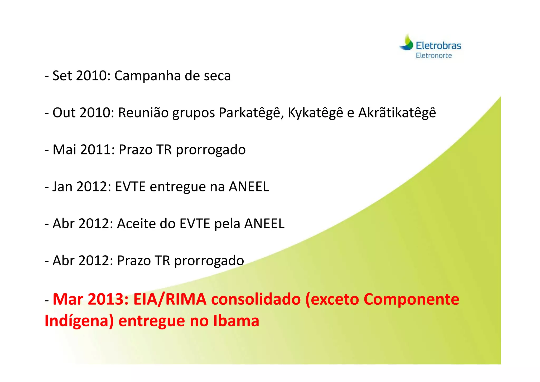 - Set 2010: Campanha de seca
- Out 2010: Reunião grupos Parkatêgê, Kykatêgê e Akrãtikatêgê
- Mai 2011: Prazo TR prorrogado
- Jan 2012: EVTE entregue na ANEEL- Jan 2012: EVTE entregue na ANEEL
- Abr 2012: Aceite do EVTE pela ANEEL
- Abr 2012: Prazo TR prorrogado
- Mar 2013: EIA/RIMA consolidado (exceto Componente
Indígena) entregue no Ibama
 