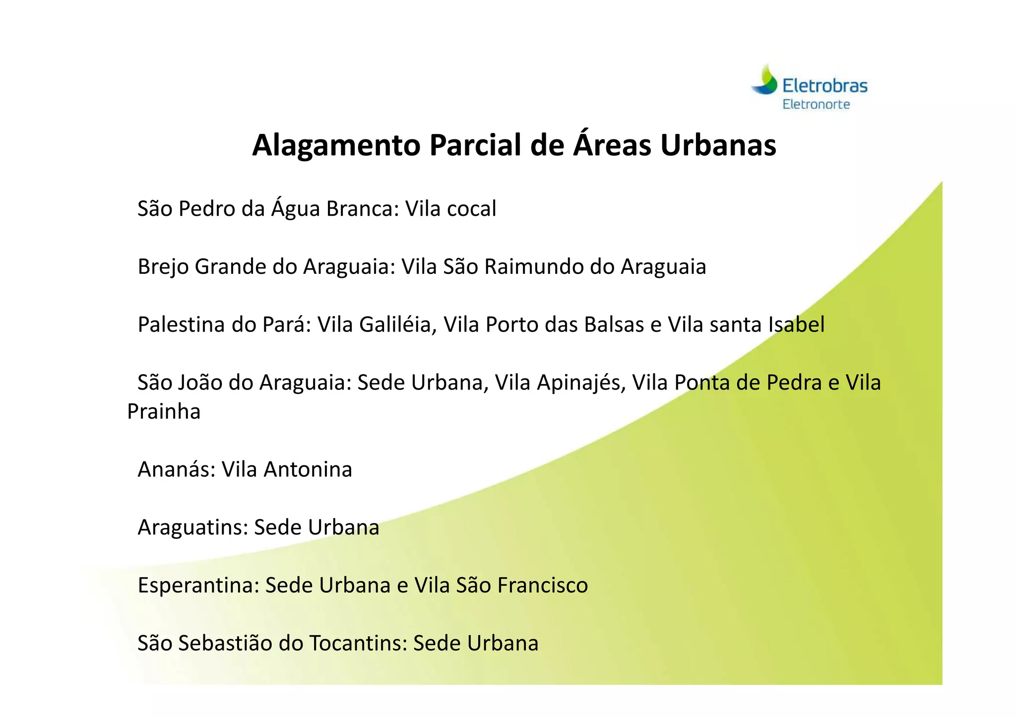 Alagamento Parcial de Áreas Urbanas
São Pedro da Água Branca: Vila cocal
Brejo Grande do Araguaia: Vila São Raimundo do Araguaia
Palestina do Pará: Vila Galiléia, Vila Porto das Balsas e Vila santa Isabel
São João do Araguaia: Sede Urbana, Vila Apinajés, Vila Ponta de Pedra e Vila
Prainha
Ananás: Vila Antonina
Araguatins: Sede Urbana
Esperantina: Sede Urbana e Vila São Francisco
São Sebastião do Tocantins: Sede Urbana
 