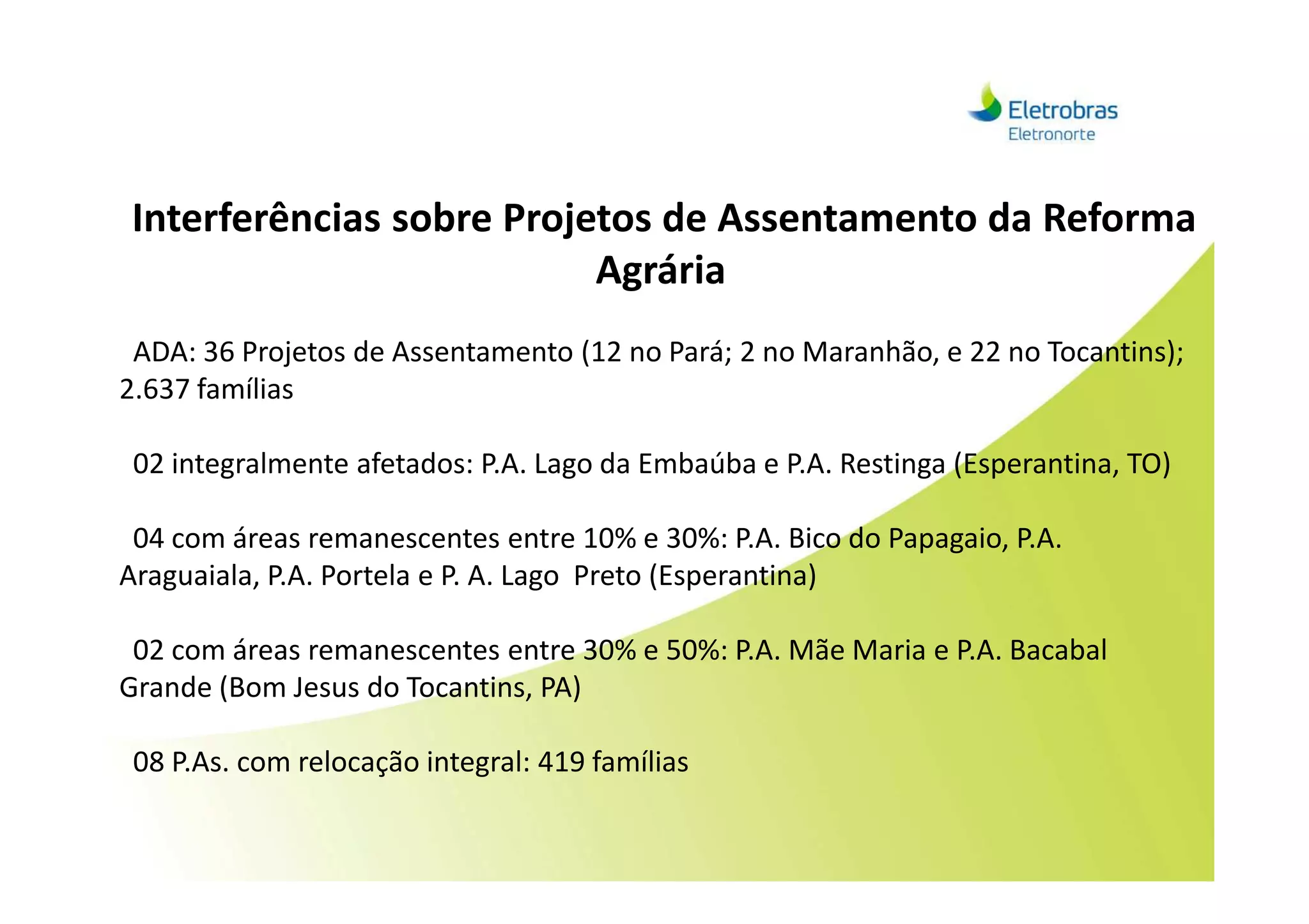 Interferências sobre Projetos de Assentamento da Reforma
Agrária
ADA: 36 Projetos de Assentamento (12 no Pará; 2 no Maranhão, e 22 no Tocantins);
2.637 famílias
02 integralmente afetados: P.A. Lago da Embaúba e P.A. Restinga (Esperantina, TO)02 integralmente afetados: P.A. Lago da Embaúba e P.A. Restinga (Esperantina, TO)
04 com áreas remanescentes entre 10% e 30%: P.A. Bico do Papagaio, P.A.
Araguaiala, P.A. Portela e P. A. Lago Preto (Esperantina)
02 com áreas remanescentes entre 30% e 50%: P.A. Mãe Maria e P.A. Bacabal
Grande (Bom Jesus do Tocantins, PA)
08 P.As. com relocação integral: 419 famílias
 