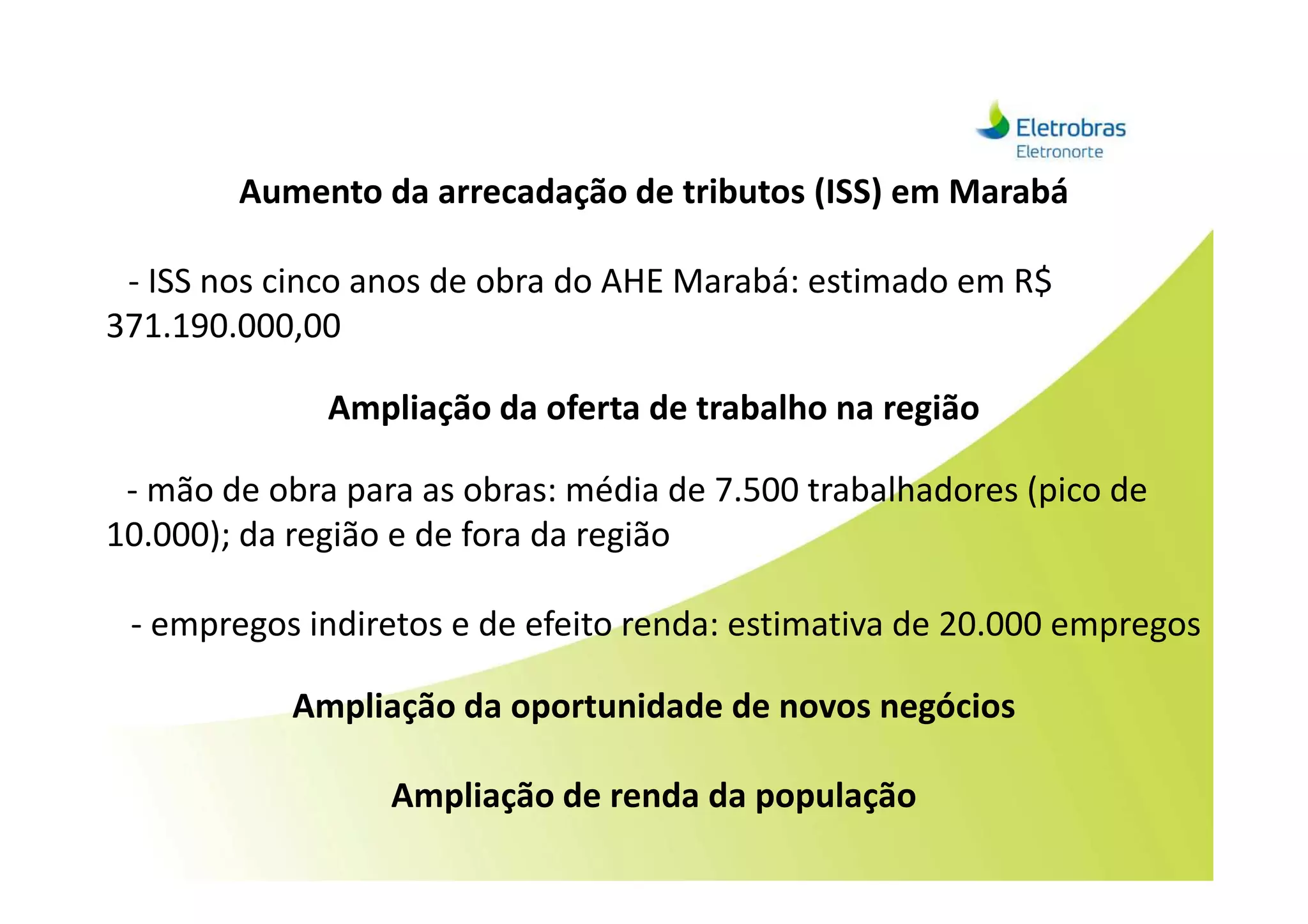 Aumento da arrecadação de tributos (ISS) em Marabá
- ISS nos cinco anos de obra do AHE Marabá: estimado em R$
371.190.000,00
Ampliação da oferta de trabalho na região
- mão de obra para as obras: média de 7.500 trabalhadores (pico de
10.000); da região e de fora da região
- empregos indiretos e de efeito renda: estimativa de 20.000 empregos
Ampliação da oportunidade de novos negócios
Ampliação de renda da população
 