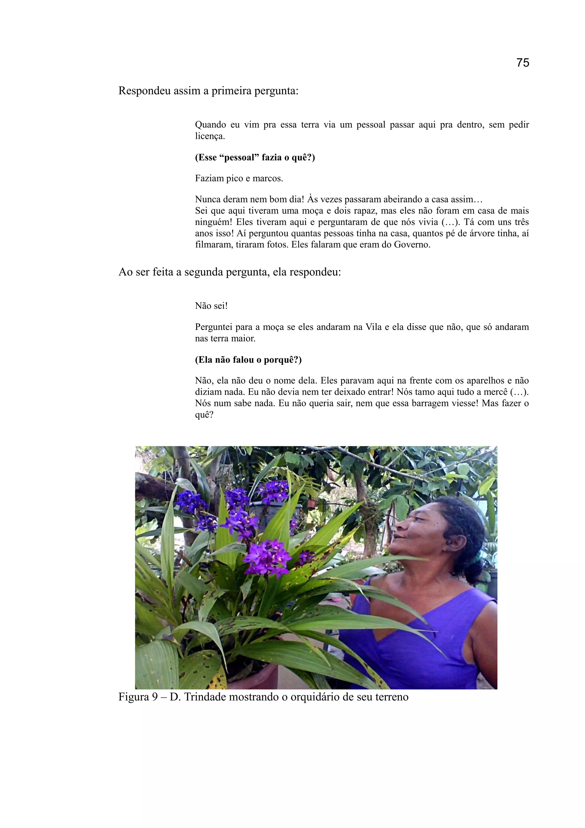 75
Respondeu assim a primeira pergunta:
Quando eu vim pra essa terra via um pessoal passar aqui pra dentro, sem pedir
licença.
(Esse “pessoal” fazia o quê?)
Faziam pico e marcos.
Nunca deram nem bom dia! Às vezes passaram abeirando a casa assim…
Sei que aqui tiveram uma moça e dois rapaz, mas eles não foram em casa de mais
ninguém! Eles tiveram aqui e perguntaram de que nós vivia (…). Tá com uns três
anos isso! Aí perguntou quantas pessoas tinha na casa, quantos pé de árvore tinha, aí
filmaram, tiraram fotos. Eles falaram que eram do Governo.
Ao ser feita a segunda pergunta, ela respondeu:
Não sei!
Perguntei para a moça se eles andaram na Vila e ela disse que não, que só andaram
nas terra maior.
(Ela não falou o porquê?)
Não, ela não deu o nome dela. Eles paravam aqui na frente com os aparelhos e não
diziam nada. Eu não devia nem ter deixado entrar! Nós tamo aqui tudo a mercê (…).
Nós num sabe nada. Eu não queria sair, nem que essa barragem viesse! Mas fazer o
quê?
Figura 9 – D. Trindade mostrando o orquidário de seu terreno
 