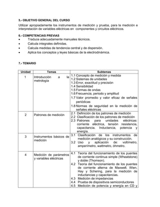 5.- OBJETIVO GENERAL DEL CURSO
Utilizar apropiadamente los instrumentos de medición y prueba, para la medición e
interpretación de variables eléctricas en componentes y circuitos eléctricos.

6.- COMPETENCIAS PREVIAS
•         Traduce adecuadamente manuales técnicos.
•         Calcula integrales definidas.
•         Calcula medidas de tendencia central y de dispersión.
•         Aplica los conceptos y leyes básicas de la electrodinámica.


7.- TEMARIO

    Unidad             Temas                               Subtemas
      1       Introducción     a    la 1.1 Concepto de medición y medida
                                       1.2 Sistemas de unidades
              metrología
                                       1.3 Error, exactitud y precisión
                                       1.4 Sensibilidad
                                       1.5 Formas de ondas
                                       1.6 Frecuencia, periodo y amplitud
                                       1.7 Valor promedio y valor eficaz de señales
                                           periódicas
                                       1.8 Normas de seguridad en la medición de
                                           señales eléctricas
                                       2.1 Definición de los patrones de medición
      2       Patrones de medición
                                       2.2 Clasificación de los patrones de medición
                                       2.3 Patrones      para    unidades   eléctricas:
                                            corriente eléctrica, tensión resistencia,
                                            capacitancia. Inductancia, potencia y
                                            energía.
      3       Instrumentos básicos de 3.1 Clasificación de los instrumentos de
                                             medición analógicos y su construcción.
              medición
                                       3.2 Uso      y    aplicación     de: voltímetro,
                                             amperímetro, wattmetro, óhmetro.

      4       Medición de parámetros 4.1 Teoría del funcionamiento de los puentes
                                         de corriente continua simple (Wheatstone)
              y variables eléctricas
                                         y doble (Thomson).
                                     4.2 Teoría del funcionamiento de los puentes
                                         de corriente alterna de Maxwell, Wien,
                                         Hay y Schering, para la medición de
                                         inductancias y capacitancias.
                                     4.3 Medición de impedancias
                                     4.4 Prueba de dispositivos semiconductores
                                     4.5 Medición de potencia y energía en CD y
 