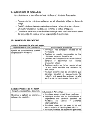 9.- SUGERENCIAS DE EVALUACIÓN
   La evaluación de la asignatura se hará con base en siguiente desempeño:


     • Reporte de las prácticas realizadas en el laboratorio, utilizando listas de
       cotejo.
     • Revisión de las actividades extraclase antes de cada evaluación ordinaria.
     • Efectuar evaluaciones rápidas para fomentar la lectura anticipada.
     • Considerar en la evaluación final las investigaciones realizadas como apoyo
       del contenido del curso, y formar un portafolio de evidencias.


10.- UNIDADES DE APRENDIZAJE

Unidad 1: Introducción a la metrología
Competencia específica a desarrollar              Actividades de Aprendizaje
Aplicar los conocimientos básicos      • Investigar los conceptos básicos de la
del proceso de medición.                 metrología.
                                       • Realizar un cuadro comparativo de los
                                         diferentes sistemas de unidades.
                                       • Describir las características de una señal
                                         senoidal y determinar sus valores
                                         promedio y eficaz.
                                       • Realizar mediciones de las características
                                         de una señal senoidal con software de
                                         simulación.
                                       • Realizar experimentos de laboratorio que
                                         permitan ejercitar el razonamiento, la
                                         reflexión y el uso de herramientas para la
                                         verificación de instrumentos de medición.




Unidad 2: Patrones de medición
Competencia específica a desarrollar
                                       Actividades de Aprendizaje
Identificar y aplicar los diferentes   • Investigar que es un patrón de medición.
patrones de medición.                  • Investigar cuales son las instituciones u
                                         organismos que certifican patrones de
                                         medición     en    México    y    patrones
                                         internacionales.
                                       • Investigar cuales son las leyes en las que
                                         se fundamenta la metrología en México.
                                       • Realizar prácticas de laboratorio poniendo
 