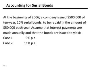 14-1
At the beginning of 2006; a company issued $500,000 of
ten-year, 10% serial bonds, to be repaid in the amount of
$50,000 each year. Assume that interest payments are
made annually and that the bonds are issued to yield:
Case 1 9% p.a.
Case 2 11% p.a.
Accounting for Serial Bonds
 