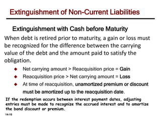 14-10
 Net carrying amount > Reacquisition price = Gain
 Reacquisition price > Net carrying amount = Loss
 At time of reacquisition, unamortized premium or discount
must be amortized up to the reacquisition date.
Extinguishment of Non-Current Liabilities
Extinguishment with Cash before Maturity
When debt is retired prior to maturity, a gain or loss must
be recognized for the difference between the carrying
value of the debt and the amount paid to satisfy the
obligation.
If the redemption occurs between interest payment dates, adjusting
entries must be made to recognize the accrued interest and to amortize
the bond discount or premium.
 