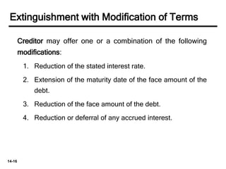 14-16
Extinguishment with Modification of Terms
Creditor may offer one or a combination of the following
modifications:
1. Reduction of the stated interest rate.
2. Extension of the maturity date of the face amount of the
debt.
3. Reduction of the face amount of the debt.
4. Reduction or deferral of any accrued interest.
 