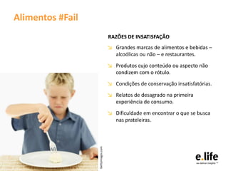 Alimentos #Fail
                                    RAZÕES DE INSATISFAÇÃO
                                    ↘ Grandes marcas de alimentos e bebidas –
                                      alcoólicas ou não – e restaurantes.
                                    ↘ Produtos cujo conteúdo ou aspecto não
                                      condizem com o rótulo.
                                    ↘ Condições de conservação insatisfatórias.
                                    ↘ Relatos de desagrado na primeira
                                      experiência de consumo.
                                    ↘ Dificuldade em encontrar o que se busca
                                      nas prateleiras.
                  Gettyimages.com
 