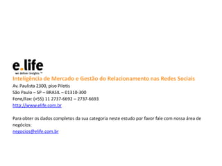 Inteligência de Mercado e Gestão do Relacionamento nas Redes Sociais
Av. Paulista 2300, piso Pilotis
São Paulo – SP – BRASIL – 01310-300
Fone/Fax: (+55) 11 2737-6692 – 2737-6693
http://www.elife.com.br

Para obter os dados completos da sua categoria neste estudo por favor fale com nossa área de
negócios:
negocios@elife.com.br
 