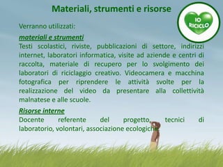 Materiali, strumenti e risorse
Verranno utilizzati:
materiali e strumenti
Testi scolastici, riviste, pubblicazioni di settore, indirizzi
internet, laboratori informatica, visite ad aziende e centri di
raccolta, materiale di recupero per lo svolgimento dei
laboratori di riciclaggio creativo. Videocamera e macchina
fotografica per riprendere le attività svolte per la
realizzazione del video da presentare alla collettività
malnatese e alle scuole.
Risorse interne
Docente
referente
del
progetto,
tecnici
di
laboratorio, volontari, associazione ecologiche.

 