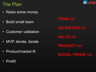 The Plan
• Raise some money
                          TEAM fail
• Build small team
                          VALIDATION fail
• Customer validation
                          VALUE fail
• MVP, iterate, iterate
                          PRODUCT fail
• Product/market fit
                          SOCIAL PROOF fail
• Profit!
 