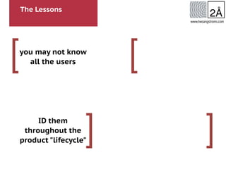The Lessons
[
]
[
]
www.twoangstroms.com
you may not know
all the users
ID them
throughout the
product "lifecycle"
 