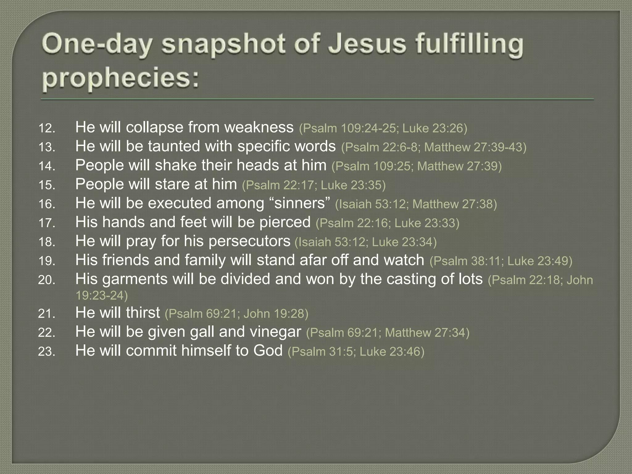 12.   He will collapse from weakness (Psalm 109:24-25; Luke 23:26)
13.   He will be taunted with specific words (Psalm 22:6-8; Matthew 27:39-43)
14.   People will shake their heads at him (Psalm 109:25; Matthew 27:39)
15.   People will stare at him (Psalm 22:17; Luke 23:35)
16.   He will be executed among ―sinners‖ (Isaiah 53:12; Matthew 27:38)
17.   His hands and feet will be pierced (Psalm 22:16; Luke 23:33)
18.   He will pray for his persecutors (Isaiah 53:12; Luke 23:34)
19.   His friends and family will stand afar off and watch (Psalm 38:11; Luke 23:49)
20.   His garments will be divided and won by the casting of lots (Psalm 22:18; John
      19:23-24)
21.   He will thirst (Psalm 69:21; John 19:28)
22.   He will be given gall and vinegar (Psalm 69:21; Matthew 27:34)
23.   He will commit himself to God (Psalm 31:5; Luke 23:46)
 