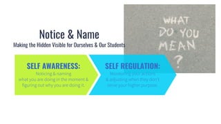 Notice & Name
Making the Hidden Visible for Ourselves & Our Students
SELF AWARENESS: SELF REGULATION:
 