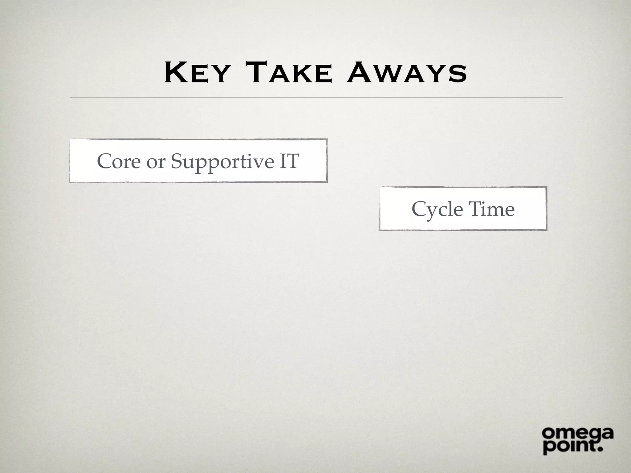 Key Take Aways
Cycle Time
Core or Supportive IT
 