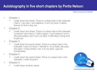 Autobiography in five short chapters by Portia Nelson:   Chapter 1 I walk down the street. There is a deep hole in the sidewalk. I fall in. I am lost. I am helpless. It isn’t my fault. It takes forever to find a way out.  Chapter 2 I walk down the street. There is a deep hole in the sidewalk. I pretend I don’t see it. I fall in again. I can’t believe I am in the same place, but it isn’t my fault. It still takes a long time to get out. Chapter 3 I walk down the same street. There is a deep hole in the sidewalk. I see it is there. I still fall in. It’s a habit. My eyes are open. I know where I am. It is my fault. I get out immediately. Chapter 4  I walk down the same street. There is a deep hole in the sidewalk. I walk around it.  Chapter 5 I walk down another street. 
