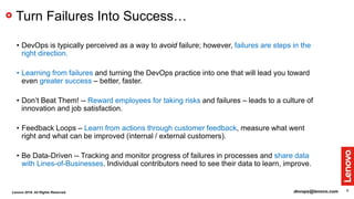 6
Turn Failures Into Success…
• DevOps is typically perceived as a way to avoid failure; however, failures are steps in the
right direction.
• Learning from failures and turning the DevOps practice into one that will lead you toward
even greater success – better, faster.
• Don’t Beat Them! -- Reward employees for taking risks and failures – leads to a culture of
innovation and job satisfaction.
• Feedback Loops – Learn from actions through customer feedback, measure what went
right and what can be improved (internal / external customers).
• Be Data-Driven -- Tracking and monitor progress of failures in processes and share data
with Lines-of-Businesses. Individual contributors need to see their data to learn, improve.
devops@lenovo.comLenovo 2018. All Rights Reserved.
 