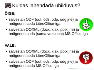 Kuidas lahendada ühilduvus?
ÕIGE:
●
salvestan ODF (odt, ods, odp, odg jne) ja
redigeerin seda LibreOffice-iga
●
salvestan OOXML (docx, xlsx, pptx jne) ja
redigeerin seda (sama versiooni) MS Office-iga
VALE:
●
salvestan OOXML (docx, xlsx, pptx jne) ja
redigeerin seda LibreOffice-iga
●
salvestan ODF (odt, ods, odp, odg jne) ja
redigeerin seda MS Office-iga Pildi allikas (28.12.2013):
http://schneeblog.com/wp-content/uploads/2013/12/Thumbs_Up_Down.jpeg
 