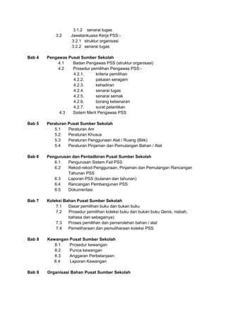 3.1.2 senarai tugas
3.2 Jawatankuasa Kerja PSS:-
3.2.1 struktur organisasi
3.2.2 senarai tugas
Bab 4 Pengawas Pusat Sumber Sekolah
4.1 Badan Pengawas PSS (struktur organisasi)
4.2 Prosedur pemilihan Pengawas PSS:-
4.2.1. kriteria pemilihan
4.2.2. pakaian seragam
4.2.3. kehadiran
4.2.4. senarai tugas
4.2.5. senarai semak
4.2.6. borang kebenaran
4.2.7. surat pelantikan
4.3 Sistem Merit Pengawas PSS
Bab 5 Peraturan Pusat Sumber Sekolah
5.1 Peraturan Am
5.2 Peraturan Khusus
5.3 Peraturan Penggunaan Alat / Ruang (Bilik)
5.4 Peraturan Pinjaman dan Pemulangan Bahan / Alat
Bab 6 Pengurusan dan Pentadbiran Pusat Sumber Sekolah
6.1 Pengurusan Sistem Fail PSS
6.2 Rekod-rekod Penggunaan, Pinjaman dan Pemulangan Rancangan
Tahunan PSS
6.3 Laporan PSS (bulanan dan tahunan)
6.4 Rancangan Pembangunan PSS
6.5 Dokumentasi
Bab 7 Koleksi Bahan Pusat Sumber Sekolah
7.1 Dasar pemilihan buku dan bukan buku
7.2 Prosedur pemilihan koleksi buku dan bukan buku Qenis, nisbah,
bahasa dan sebagainya)
7.3 Proses pemilihan dan pemerolehan bahan / alat
7.4 Pemeliharaan dan pemuliharaan koleksi PSS
Bab 8 Kewangan Pusat Sumber Sekolah
8.1 Prosedur kewangan
8.2 Punca kewangan
8.3 Anggaran Perbelanjaan
8.4 Laporan Kewangan
Bab 9 Organisasi Bahan Pusat Sumber Sekolah
 