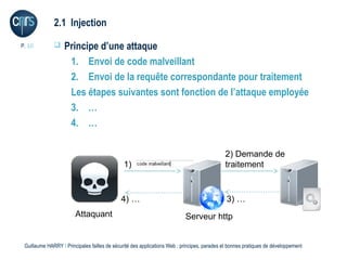 2.1 Injection

P. 10             Principe d’une attaque
                    1. Envoi de code malveillant
                    2. Envoi de la requête correspondante pour traitement
                    Les étapes suivantes sont fonction de l’attaque employée
                    3. …
                    4. …

                                                                                             2) Demande de
                                              1)                                             traitement



                                             4) …                                             3) …
                        Attaquant                                          Serveur http


 Guillaume HARRY l Principales failles de sécurité des applications Web : principes, parades et bonnes pratiques de développement
 