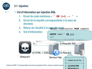 2.1 Injection

P. 12            Vol d’information par injection SQL
                   1. Envoi de code malicieux « ' OR 1=1 -- '  »
                   2. Envoi de la requête correspondante à la base de
                        données
                   3. Retour du résultat à la page de script
                                                 SELECT numerocarte FROM comptes
                   4. Vol d’information
                                                                          WHERE nom='' OR 1=1 -- ' '
                                                                          AND
                                                                          motdepasse=PASSWORD('eng111')
                                             1)                                           2) Requête SQL



                                            4) HTML + CSS                                 3) Résultat
                       Attaquant                                        Serveur http                     +-------------+
                                                                                                         | numerocarte |
                                                                                                         +-------------+
 Guillaume HARRY l Principales failles de sécurité des applications Web : principes, parades et bonnes pratiques de développement
                                                                                                         | 123456789              |
 