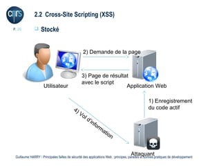 2.2 Cross-Site Scripting (XSS)

P. 20             Stocké


                                                 2) Demande de la page



                                                3) Page de résultat
                                                avec le script
                     Utilisateur                                  Application Web

                                                                                                 1) Enregistrement
                                          4)                                                     du code actif
                                             Vo
                                                l   d’i
                                                       nfo
                                                           rm
                                                             ati
                                                                on


                                                                                    Attaquant
 Guillaume HARRY l Principales failles de sécurité des applications Web : principes, parades et bonnes pratiques de développement
 