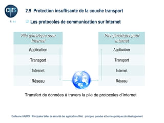 2.9 Protection insuffisante de la couche transport

P. 44             Les protocoles de communication sur Internet

         Pile générique pour                                                               Pile générique pour
               Internet                                                                          Internet

                  Application                                                                       Application

                   Transport                                                                         Transport

                    Internet                                                                          Internet

                    Réseau                                                                            Réseau


             Transfert de données à travers la pile de protocoles d’Internet




 Guillaume HARRY l Principales failles de sécurité des applications Web : principes, parades et bonnes pratiques de développement
 