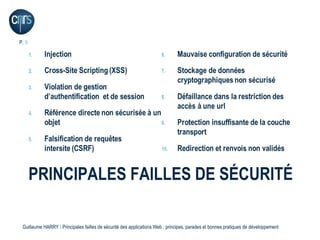P. 8




       PRINCIPALES FAILLES DE SÉCURITÉ

 Guillaume HARRY l Principales failles de sécurité des applications Web : principes, parades et bonnes pratiques de développement
 