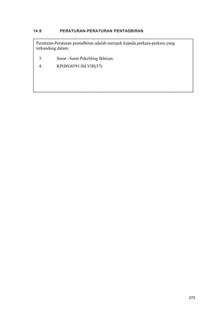 14.6 PERATURAN-PERATURAN PENTADBIRAN
Peraturan-Peraturan pentadbiran adalah merujuk kepada perkara-perkara yang
terkandung dalam:
3. Surat –Surat Pekeliling Ikhtisas.
4. KP(BS)8591/Jld.VIII(57)
272
 