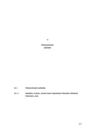 15
PENGURUSAN
ASRAMA
15.1 PENGURUSAN ASRAMA
15.1.1 SENARAI TUGAS, KUASA DAN HUBUNGAN PEGAWAI DENGAN
PEGAWAI LAIN.
277
 