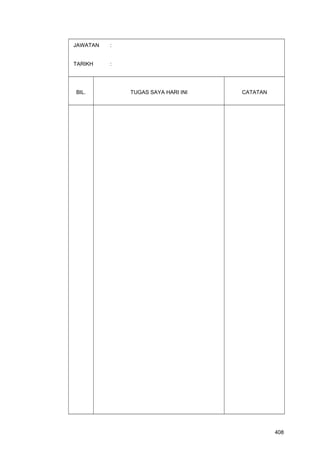 JAWATAN :
TARIKH :
BIL. TUGAS SAYA HARI INI CATATAN
408
 