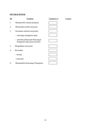 SENARAI SEMAK
Bil Tindakan Tandakan (/) Catatan
1. Memperolehi sukatan pelajaran
2. Menentukan tarikh mesyuarat
3. Persediaan sebelum mesyuarat
- rancangan pengajaran lepas
- masalah pelaksanaan Rancangan
Pengajaran lepas (post mortem)
3. Mengadakan mesyuarat
4. Percetakan
- menaip
- mencetak
6. Mengedarkan Rancangan Pengajaran
18
 