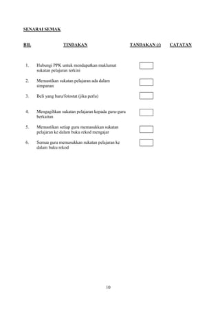 SENARAI SEMAK


BIL                  TINDAKAN                          TANDAKAN (/)   CATATAN



1.    Hubungi PPK untuk mendapatkan maklumat
      sukatan pelajaran terkini

2.    Memastikan sukatan pelajaran ada dalam
      simpanan

3.    Beli yang baru/fotostat (jika perlu)


4.    Mengagihkan sukatan pelajaran kepada guru-guru
      berkaitan

5.    Memastikan setiap guru memasukkan sukatan
      pelajaran ke dalam buku rekod mengajar

6.    Semua guru memasukkan sukatan pelajaran ke
      dalam buku rekod




                                             10
 