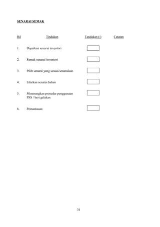 SENARAI SEMAK



Bil                  Tindakan                     Tandakan (/)   Catatan


1.    Dapatkan senarai inventori


2.    Semak senarai inventori


3.    Pilih senarai yang sesuai/senaraikan


4.    Edarkan senarai bahan


5.    Menerangkan prosedur penggunaan
      PSS / beri galakan


6.    Pemantauan




                                             31
 