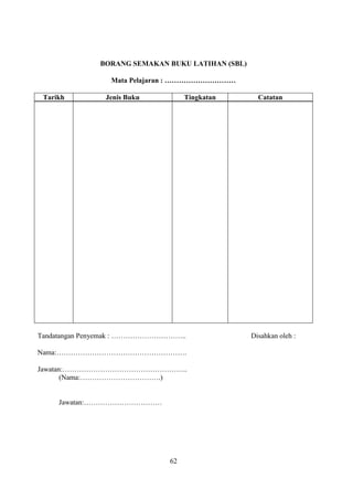 BORANG SEMAKAN BUKU LATIHAN (SBL)

                 Mata Pelajaran : …………………………

 Tarikh         Jenis Buku          Tingkatan       Catatan




Tandatangan Penyemak : …………………………..               Disahkan oleh :

Nama:……………………………………………….

Jawatan:……………………………………………..
       (Nama:…………………………….)


     Jawatan:……………………………




                               62
 